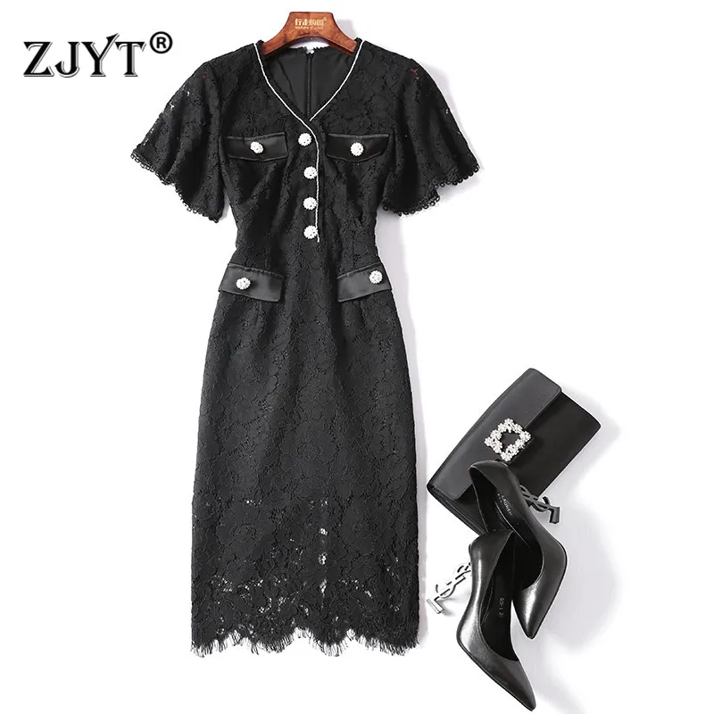 

Europe Fashion Summer Dress Runway High Quality Women 2020 New Elegant Short Sleeve V Neck Hollow White Black Lace Dress Party
