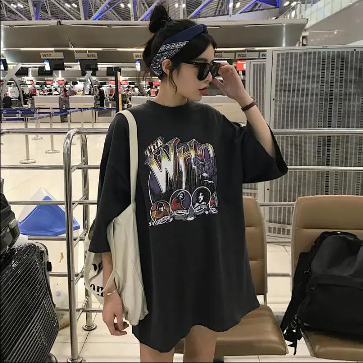 Dark gray Женские футболки в Корейском стиле Ulzzang, милая Повседневная Свободная футболка с коротким рукавом и мультяшным принтом, женская футболка Kawaii Ins, шикарный Топ для женщин - Цвет: Dark gray