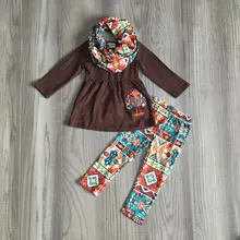 Осенний осенне-зимний шарф из 3 предметов для маленьких девочек; коричневый турецкий костюм; комплект со штанами в клетку; Изысканная одежда с оборками; молочный шелк