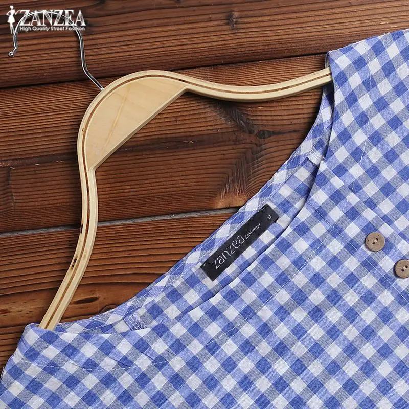 Для женщин блузка в клетку стильные летние топы ZANZEA Кнопка Blusas женский короткий рукав футболки женские повседневные Туника сорочка