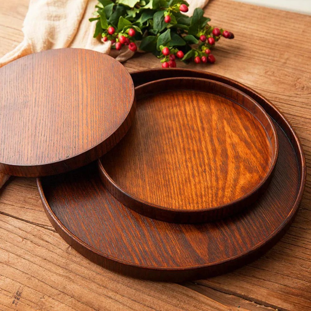 

Round Natural Wood Serving Tray Platter Bamboo Food Plate Drink Food Server Water Rectangular Tea Wooden Dishes