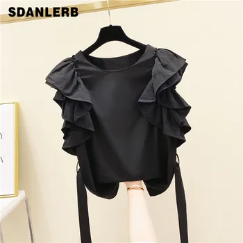 

Ruffled Lace Waist Slimming Short Sleeve Shirt Female 2020 Summer Top Temperament Shirt Blusas Mujer De Moda 2020 White Red