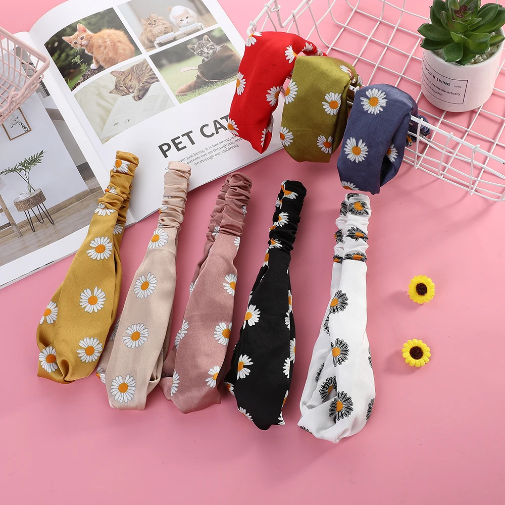 

Four Seasons Popular Daisy Cross Hairband Forest Flowers Knotted Hair Band High-end Satin Print Lady Popular Headband Jewelry