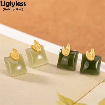 

Uglyless Spring Coming Sprout Bamboo Leaves Studs Earrings Women Natural Jade Square Pendants Necklaces 925 Silver Jewelry Sets