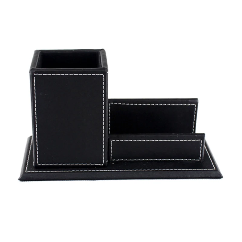 

Pu Leather Pen Pencil Stand Marker Storage Box Organizer Case & Business Card Display Stand Pen Holders Office Supplies Black