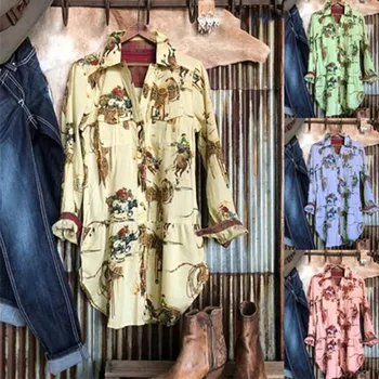 

2020 Autumn Flower Printed Women's Shirts Patchwork Single Breasted Casual Shirt Female Spring Loose Lady Clothes Plus Size 5XL