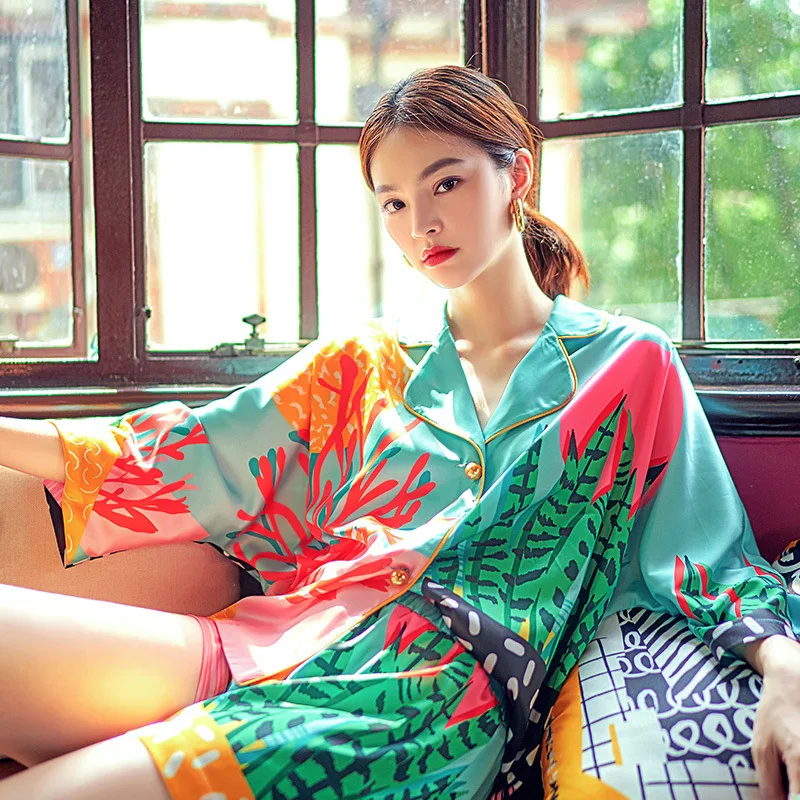 Women Pajama Set Hand Drawn Art Tropical Plants Silk Like Nightwear Shorts
