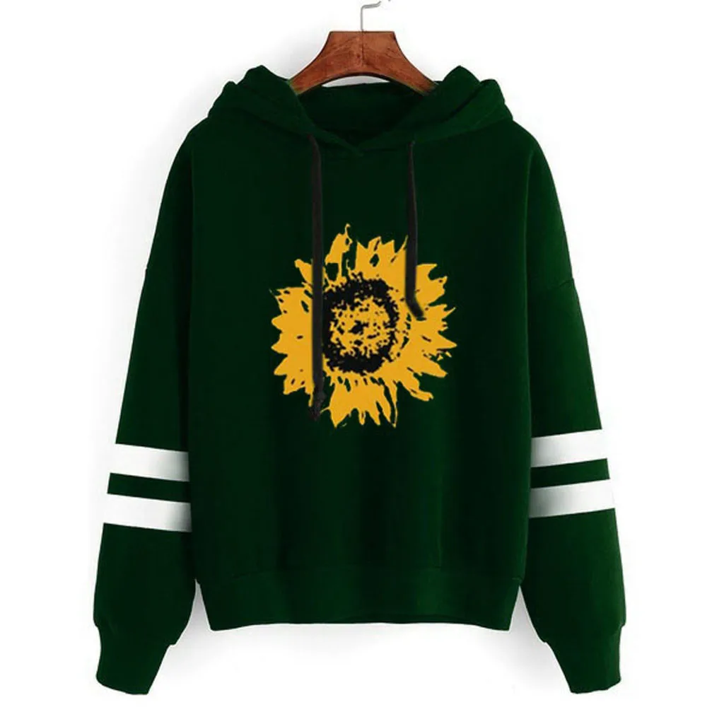 2020 Automne sweat à capuche pour femme décontracté manches longues tournesol impression pull hauts capuche|Толстовки и