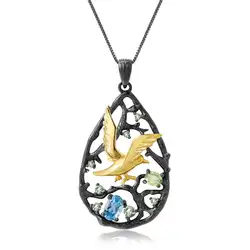 Балетное ожерелье с натуральным швейцарским голубым топазом, 925 пробы, серебряное ожерелье ручной работы с птицей на дереве, ювелирные