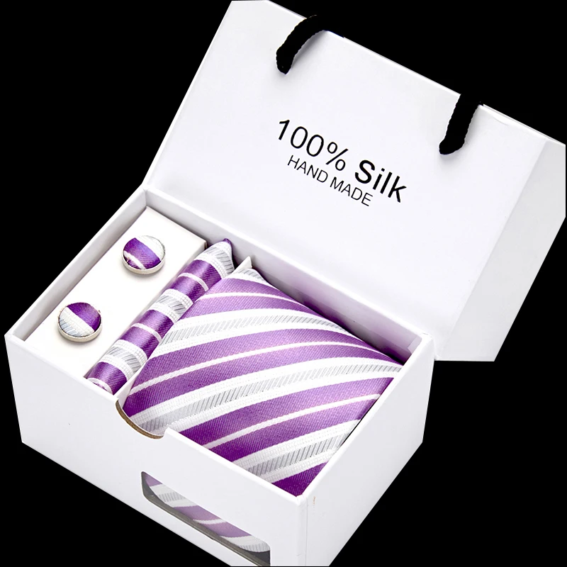  Wedding Stripe Necktie Handkerchief Cuffink Necktie Set Stitching 100% Silk Formal Dress Accessorie