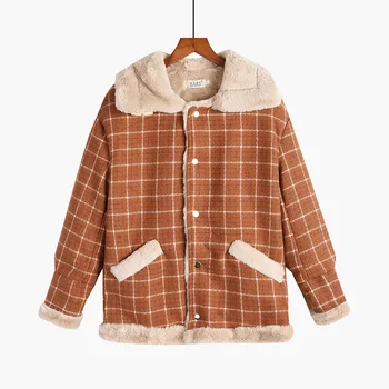 

New Fashion Woolen Coat Thicken Rabbit Fur Retro Coat Winter Warm Plaid Short Jacket