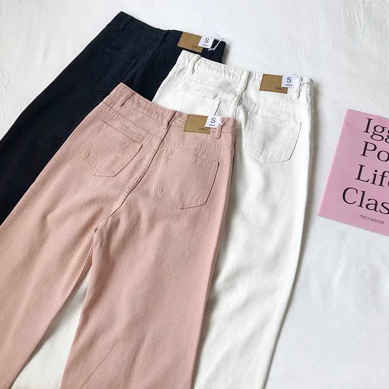 Autumn Pink Women Boyfriend Jeans High Waist Cotton Black White Korean Style Female Denim Pants Wide Leg Jeans Autumn Pink Women Boyfriend Jeans High Waist Cotton Black White Korean Style Female Denim Pants Wide Leg Jeans
