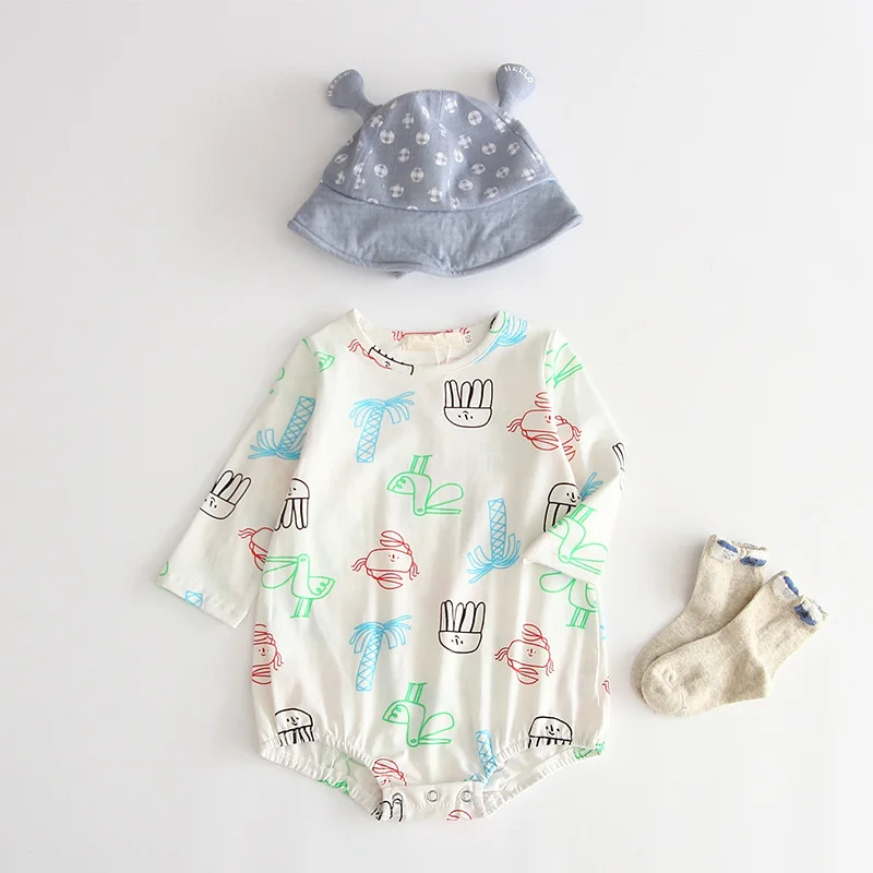 

Baby Girl Jumpsuit 2020 Autumn Korean Version Printed Long-sleeved Romper + Hat Set Toddler Bag Fart Baby Romper