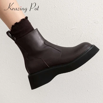 

Krazing Pot thick bottom platform natural leather comfortable winter shoes round toe high heel zipper young lady ankle boots L39