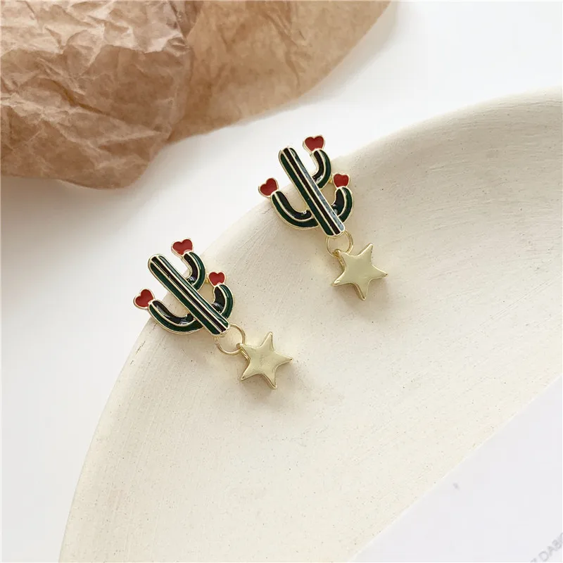 Alloy Needle Star Pendant Cactus Cute No Hole Earring Korean Fashion Sweet Earrings for Women 925 Silver Needle - Окраска металла: Alloy Needle