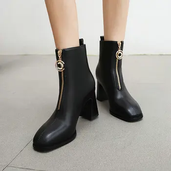 

ZawsThia solid plain color black beige lady office wedding shoes block high heels ankle boots with front zipper metal ring women