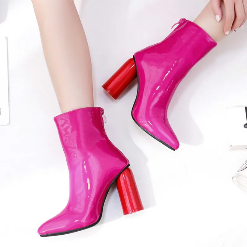 Botas de charol con cremallera para Mujer, zapatos de tacón alto de charol,  color rojo rosa, 2020|Botas hasta el tobillo| - AliExpress