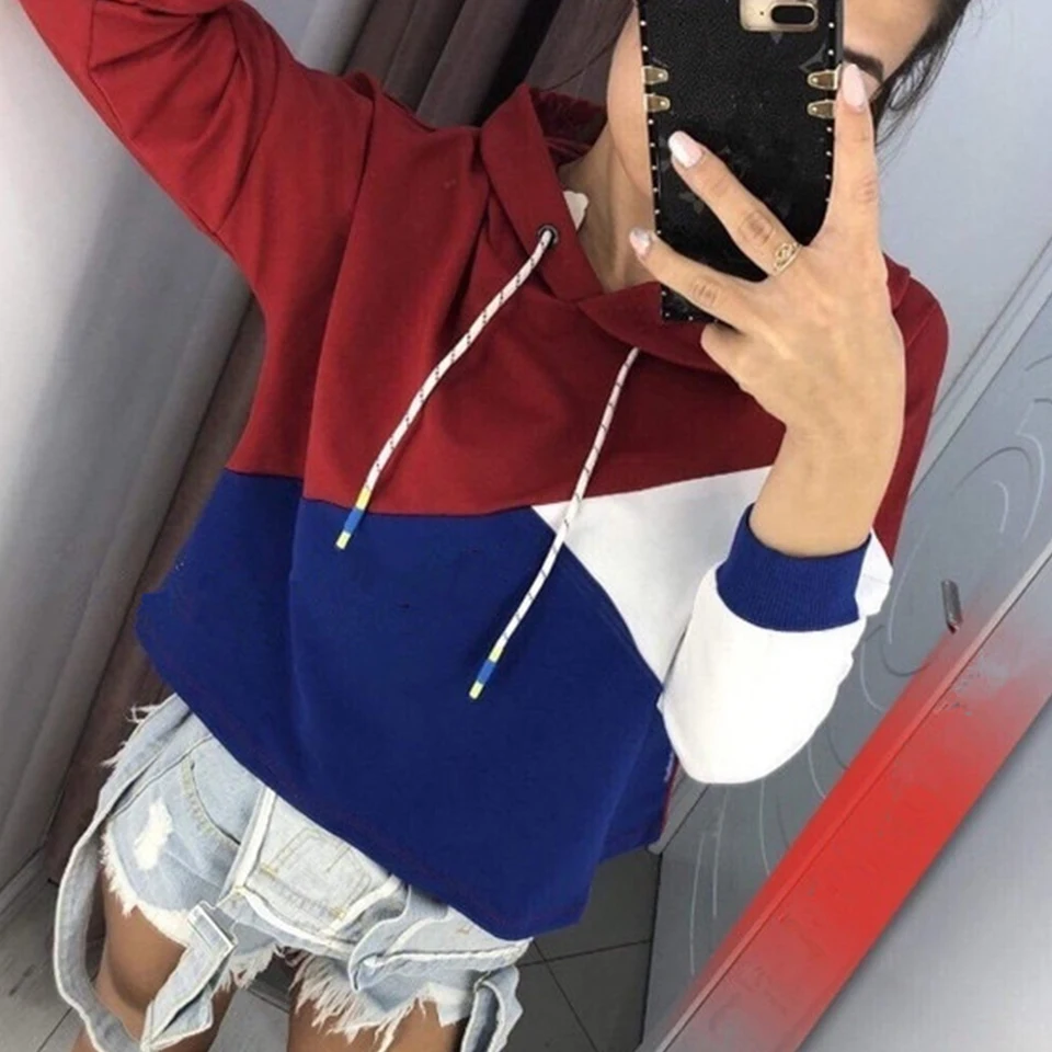 

Geometric Print Contrast Color Drawstring Hoodie Hipster Sweatshirt Poleron Mujer 2020 Thin Hoodie Women Harajuku Fashion Hoodie