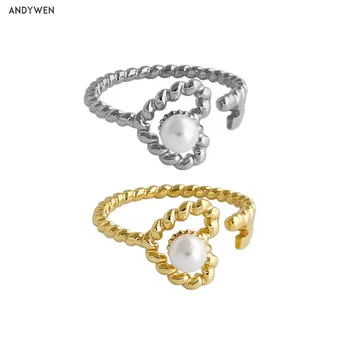 

ANDYWEN 925 Sterling Silver Love Heart Circle Open Geometric Resizable Rings Pearl Rock Punk Beads Ring Jewelry For Party Gift