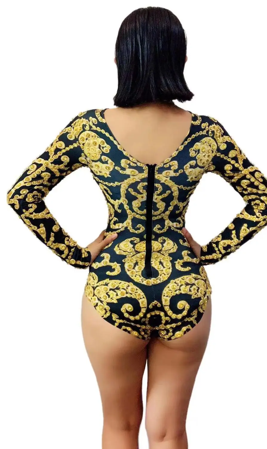 

Gold crystal jumpsuit singer bodysuit with facemask Nightclub Bar Lead Dancer Carnival Dress Up Party costume