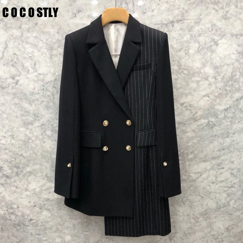

2019 Fashion Striped Patchwork Office Style Blazers Female's Long Sleeve Irregular Double Breasted Blazer Women Jackets