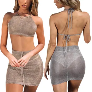 

Women Hot Sexy 2 Pieces Set Women Small Fragrance Wind Hanging Neck Straps Halter Vest+ Bag Hip Skirt Suit Dress