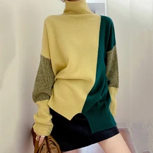 

2021 Autumn Winter Loose Color Contrast Pullover Basic Warm Sweater for Women Soft Kniited Turtleneck Sweater Women Pull