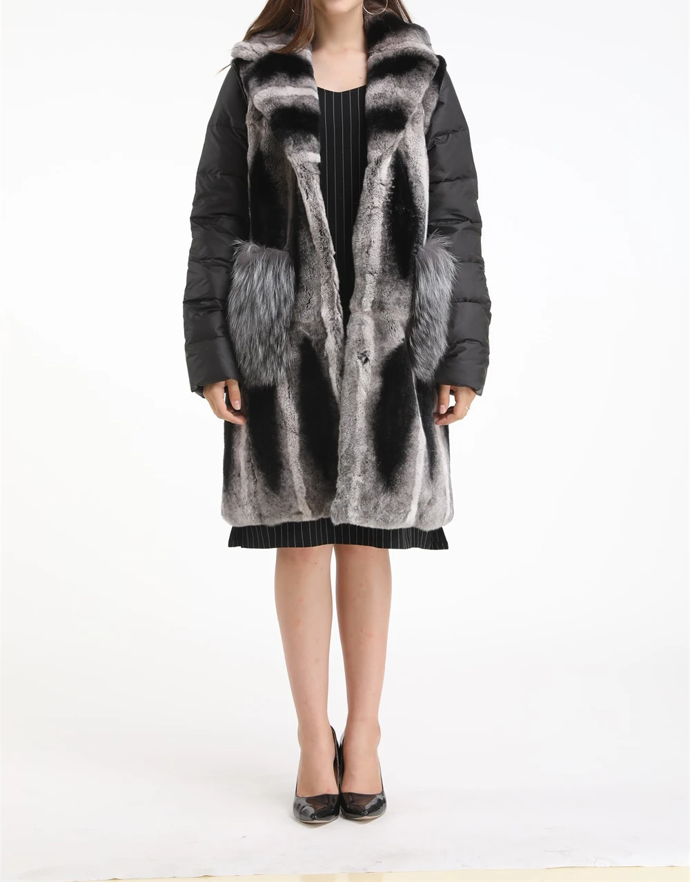 1907015 rex rabbit fur coat with detachable down sleeve vest chinchilla color with fur pocket  (3)