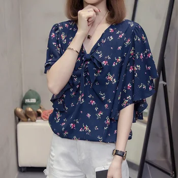 

Plus Size Bow V Neck Chiffon Pullovers Blouses Women 2020 Summer Stylish Ruffles Short Sleeve Floral Korean Shirts Topd Female