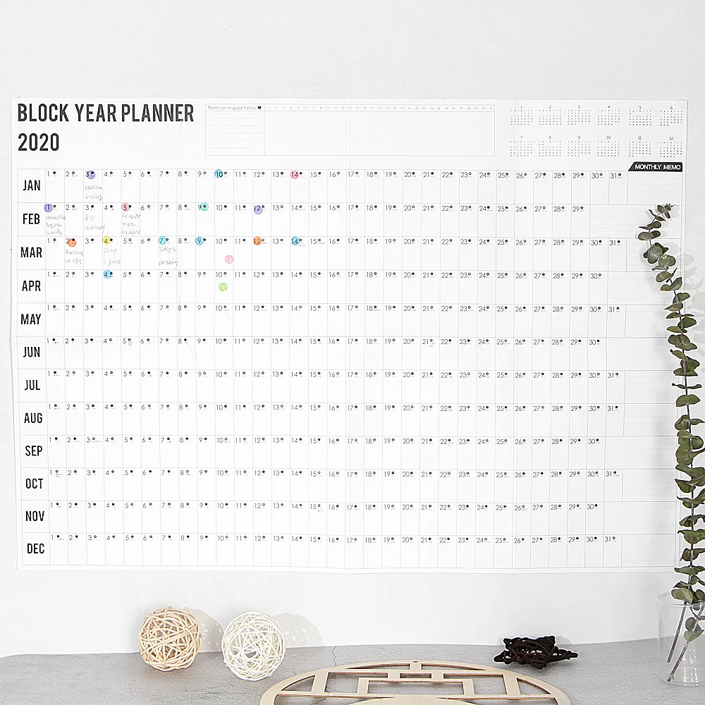 

1PC 2020 Year Wall Calendar with Sticker Dots 365 Days Learning Schedule Periodic Planner Year Memo Agenda Organizer Office