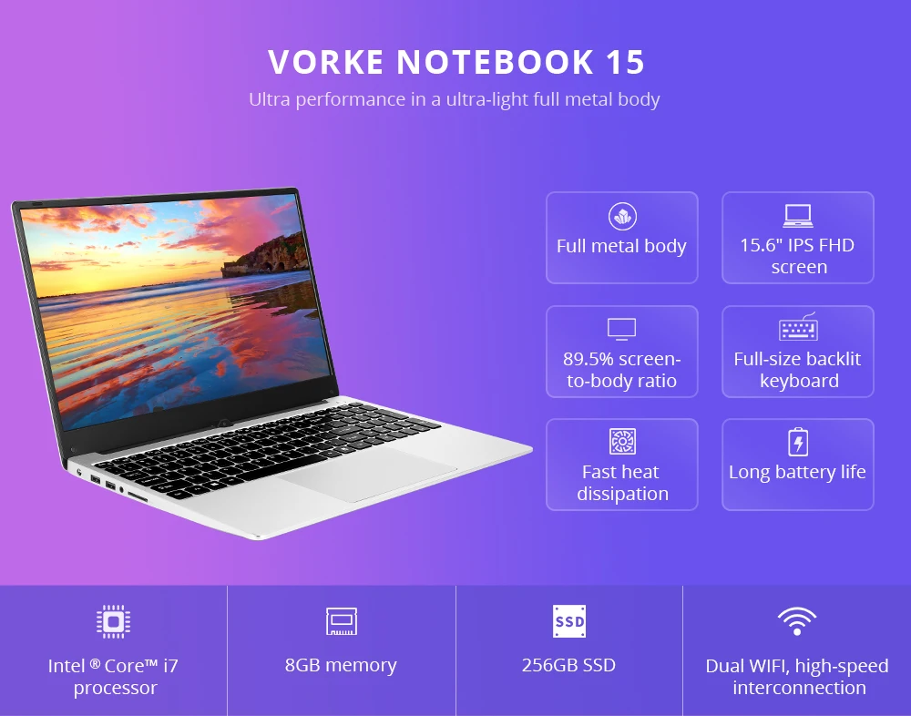 VORKE Notebook 15 4G Laptop Intel Core i7-4500U 15.6'' Screen 19201080 Windows 10 8GB DDR3 256GB SSD (1)