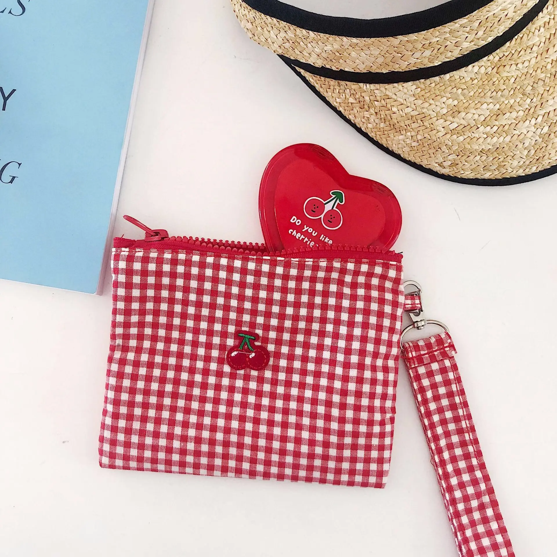 CherryRedPlaidCottonFabricStringHandbagWomenGirlsSweetZipperShouldBagsCardHolderLargeCapacityMakeupbagcase