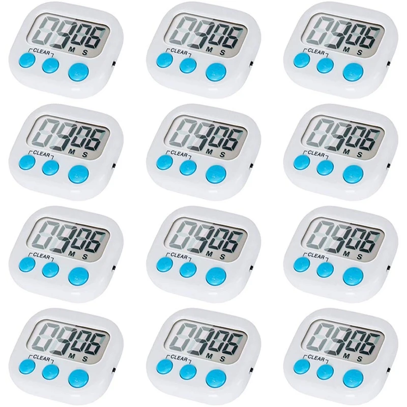 12 Packs Digital Kitchen Timer Cooking Classroom Small Timer for Kids Teachers Large LCD Monitor Loud Alarm Strong White