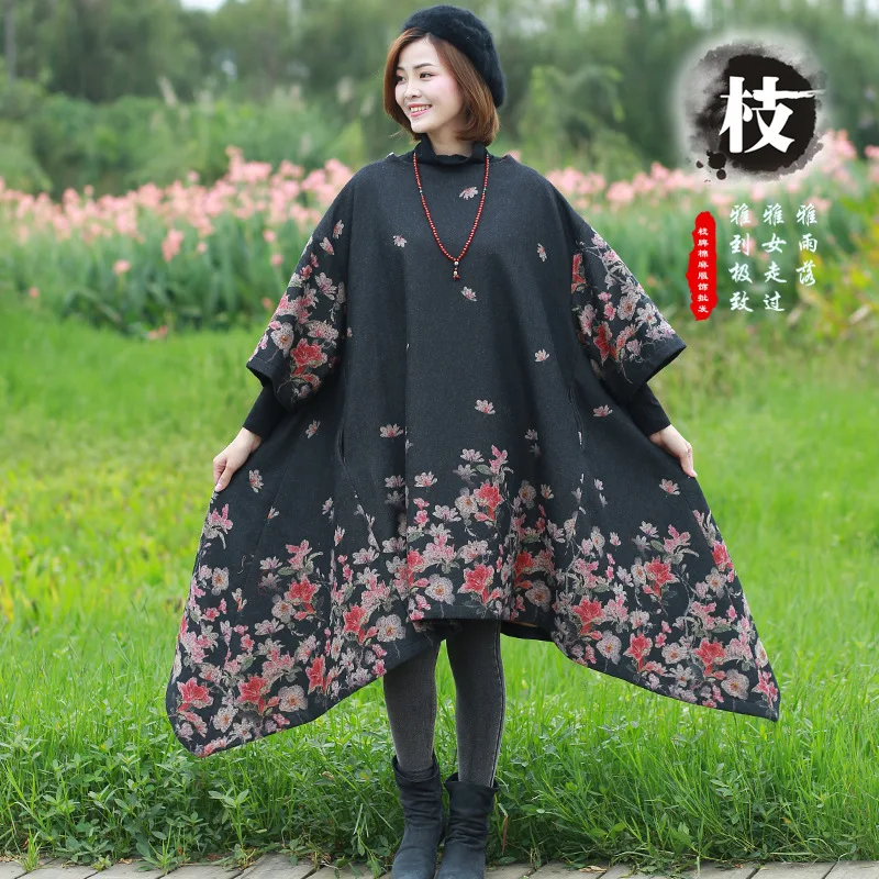 

Zhi pai Loose Version of Knitted Cape Faux Wool Coat Women's Winter Style Ethnic-Style WOMEN'S Dress Cotton Linen Cloak Shawl