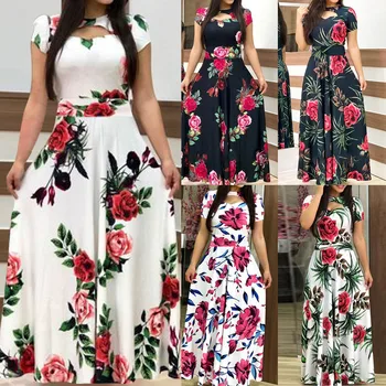 

Fashion Women Short Sleeve Floral Boho Print Long Dress Ladies Casual Dress Party Dress Sexy Dress Платье Женское Vestidos