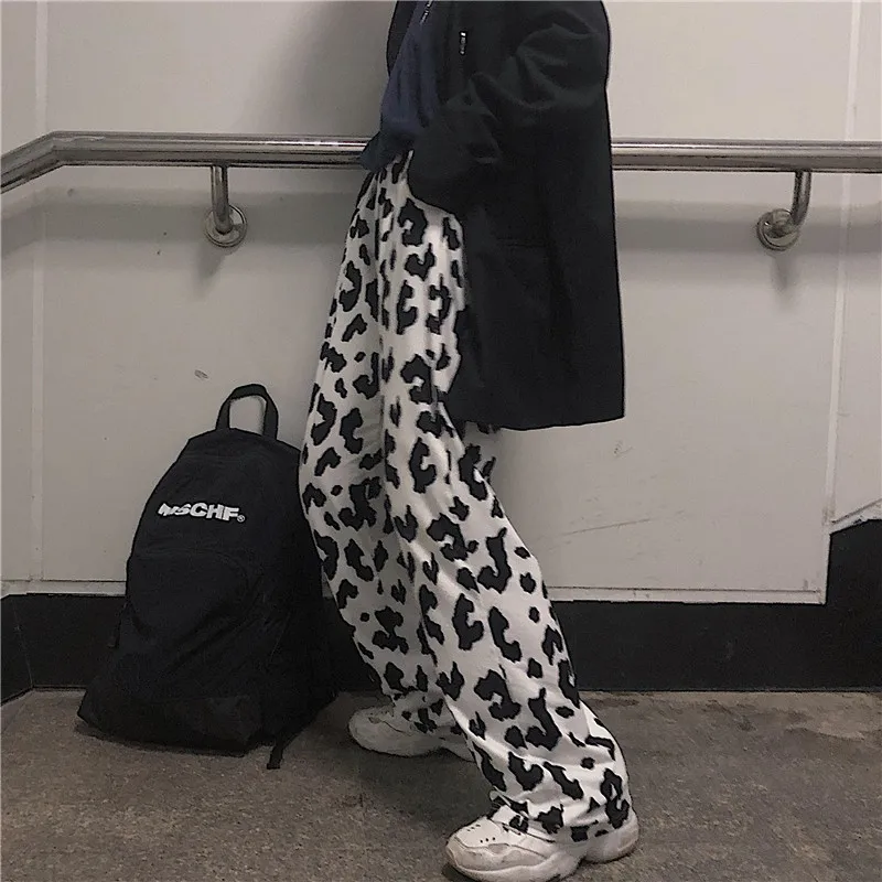 Deeptown Cow Print Wide Leg Pants for Women Korean Style Oversized Women Fashion Pants Harajuku Autumn 2020 Plus Size Trousers