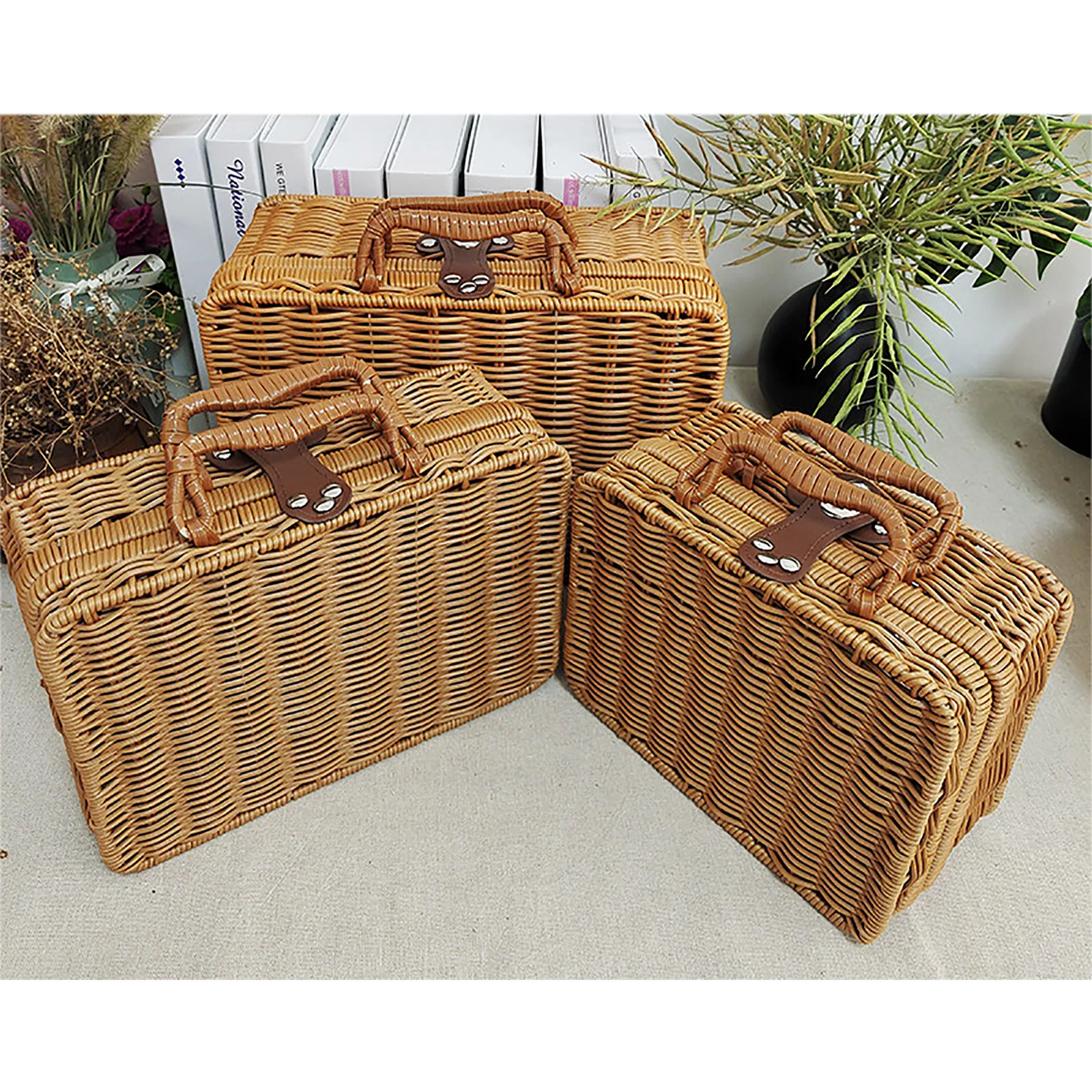 Vintage Handmade Rattan Woven Storage Case Portable Makeup Travel Picnic Luggage Basket Holder Suitcase Sundries Organizer Box 5