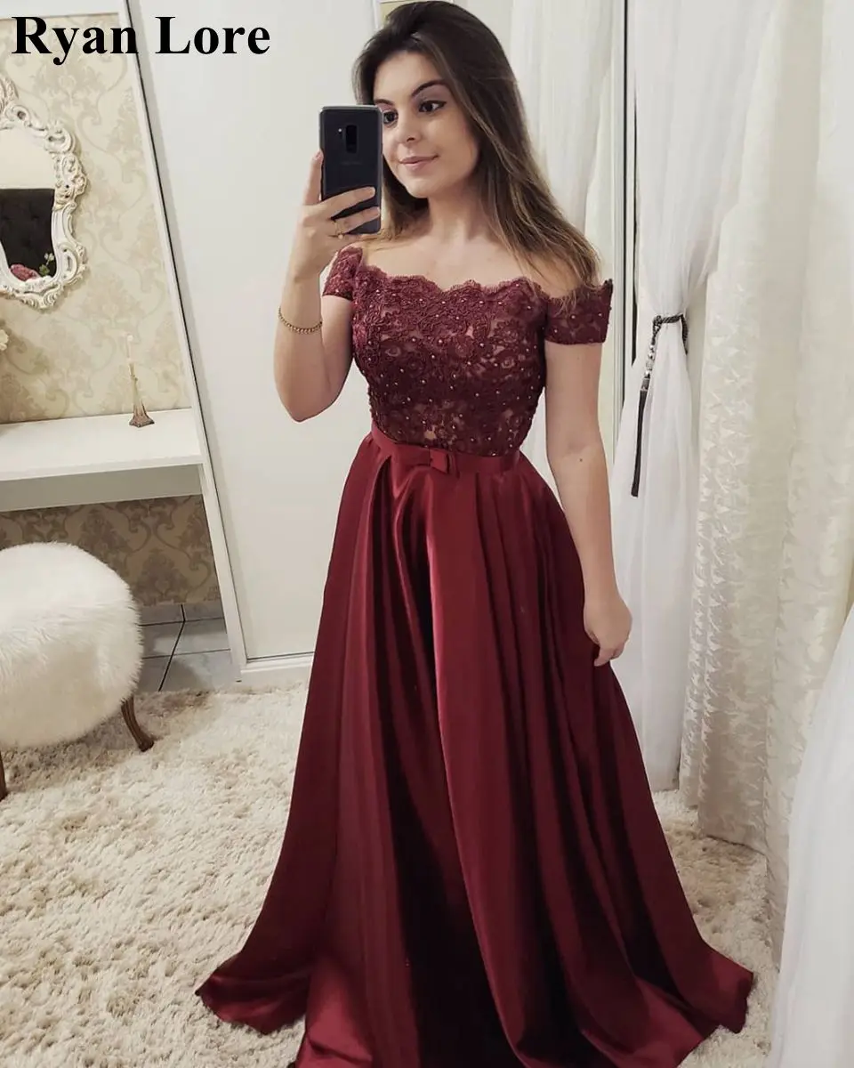 

Burgundy Evening Dresses 2020 Formal Party Long Robe De Soiree Off The Shoulder Prom Gowns Appliques Sequins Vestidos De Noiva