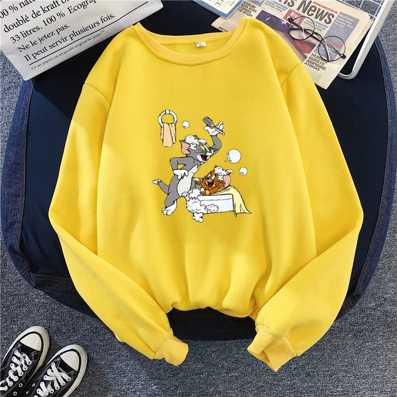 Цвет: желтый Женская толстовка с капюшоном Tom& Jerry, милый мультяшный пуловер, спортивный костюм, Harajuku, эстетическая толстовка с капюшоном, Kawaii, уличная одежда, негабаритная толстовка с капюшоном - Цвет: Цвет: желтый