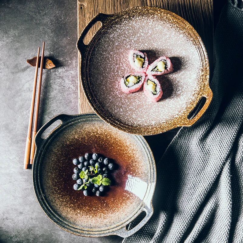 1 PC Ceramic Double Ear Large size Dish Glaze High Grade Porcelain Plate Household Dish Meat Dinner Plate Tableware