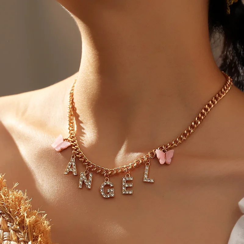 

New 2021 Butterfly Choker Necklace for Women Girls BABY HONEY ANGEL Crystal Letters Collar Necklace Trendy New Jewelry Gifts