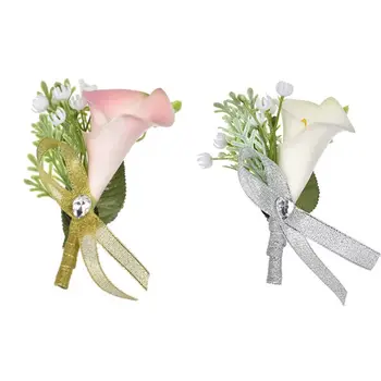 

Wedding Bridal Groom Men Calla Lily Brooch Pin Artificial Flower Corsage Rhinestone Ribbon Jewelry Clip-on Boutonniere Decor