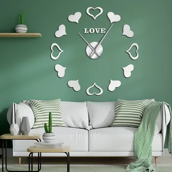 

Love Hearts Quartz Acrylic Mirror Sticker DIY Giant Frameless Quiet Sweep Wall Clock Valentines Lover Gift Girls Room Decor