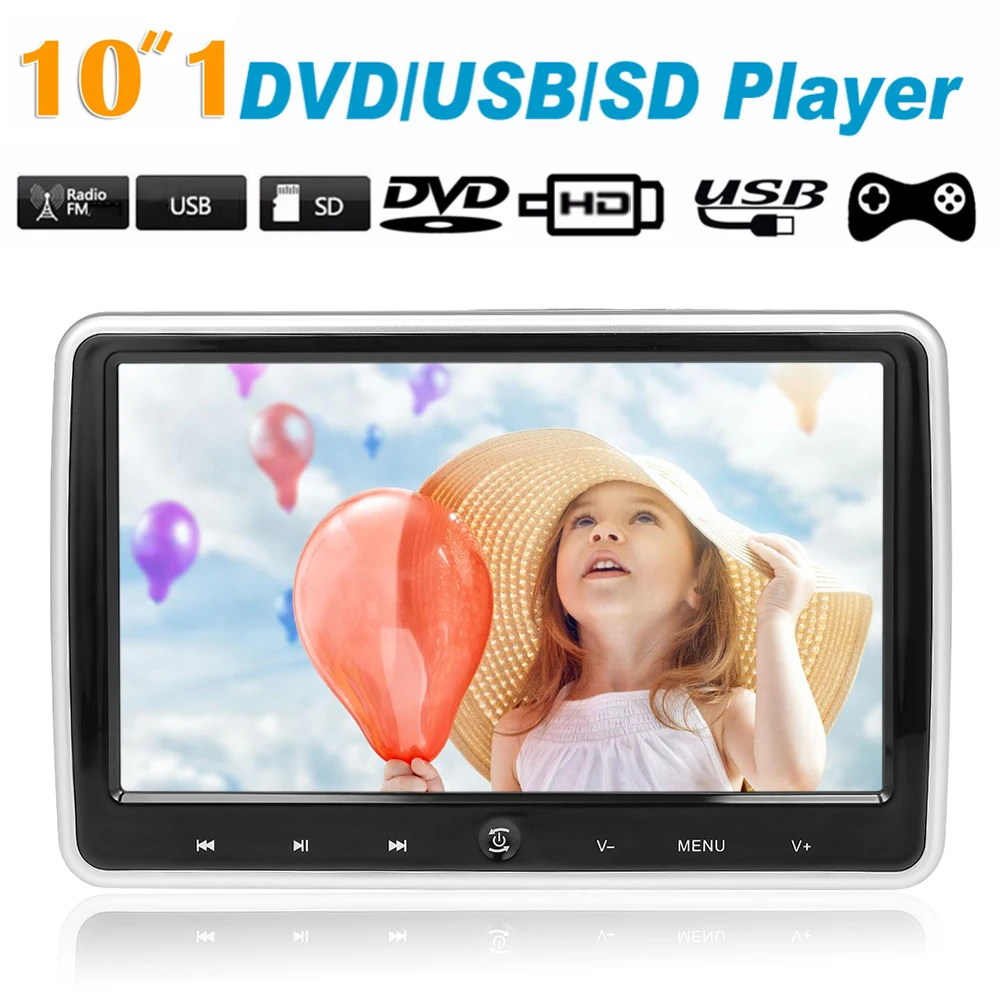 

10.1 Inches Car Headrest DVD Player Auto Monitor Touch Button Built-in Speakers Support Game Disk FM IR HD Input SD Card Slot