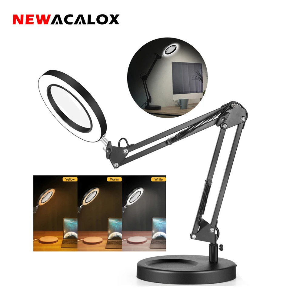 NEWACALOX-Lupa iluminada 5X, USB, 3 colores, lupa LED para reparación de soldaduras de hierro, lámpara de mesa, herramienta de belleza de cuidado de la piel 1