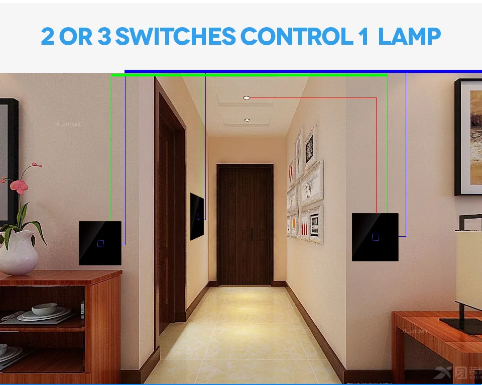 EU 1 2 3 Gang 2 Way Wall Light Controller  Home Automation Touch Switch For Stair Inside / Outside Control Switch Glass Panel