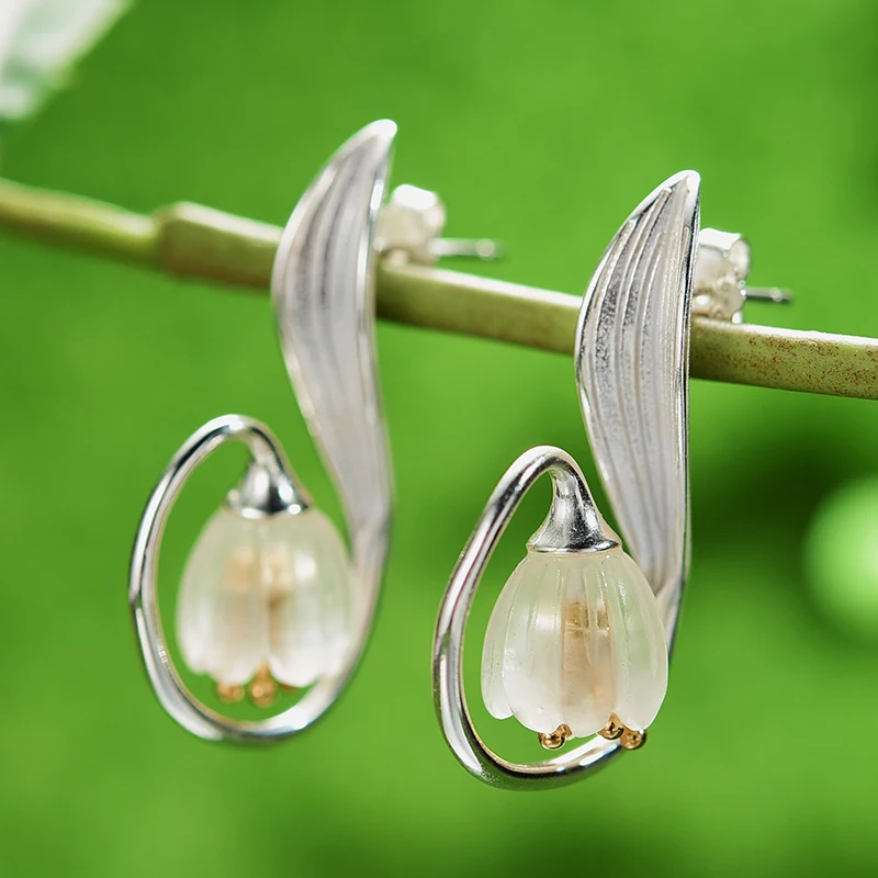 Lotus Fun Real 925 Sterling Silver Handmade Fine Jewelry Natural Crystal Gold Lily of the Valley Flower Drop Earrings for Women - Image 2
