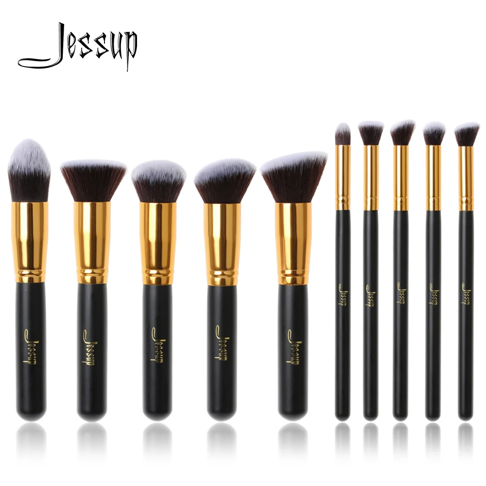 Najtaniej Jessup marka 10 sztuk czarny złoty pędzle do makijażu pędzle podkład kosmetyki kabuki zestawy zestaw pędzli do makijażu blush Kit Tools