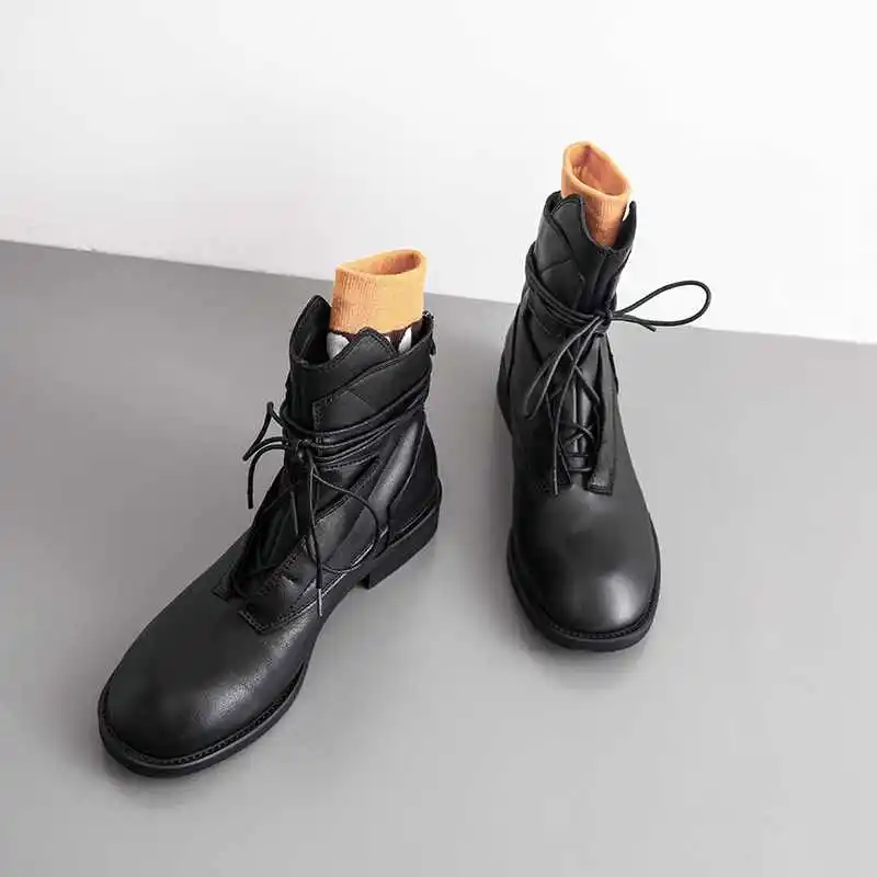Krazing pot/дизайнерские ботинки для отдыха из натуральной кожи в винтажном стиле; зимние женские модные ботильоны с круглым носком на среднем каблуке со шнуровкой в стиле рок; L2f5