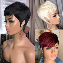Pixie corte curto bob peruca para preto perucas de cabelo humano feminino com franja cosplay brasileiro osso vermelho em linha reta máquina cheia barato peruca